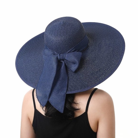 𝅺Wide Brim Straw Hat Navy Blue - Picture 1 of 7